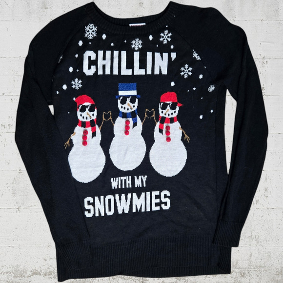 Black Chillin With My Snowmies Crewneck Pullover Knitted Winter Sweater Size XS - Picture 1 of 5